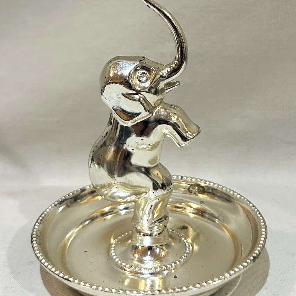 EP Zinc Silver Plated Elephant Ring Tree Trinket Jewelry Dish VTG 1950s England